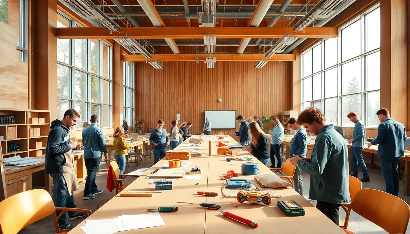 Engaged students in construction classes learning hands-on skills in a dynamic classroom.