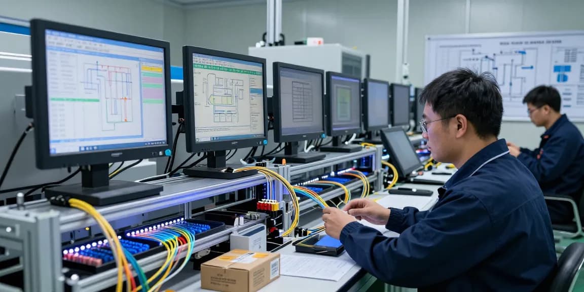 High-quality fiber optic connectors being examined in a modern production facility.