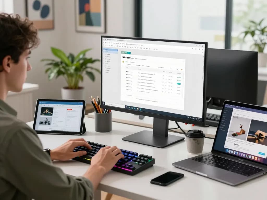 Focused individual using WPS Office applications in a modern workspace, showcasing productivity and innovation.