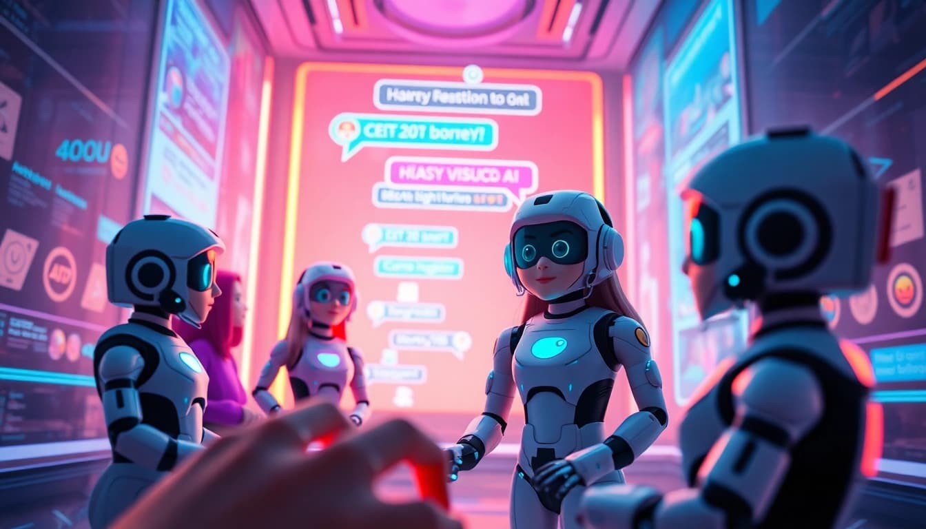 Engaging chat with AI characters showcasing crush on ai technology and vibrant digital interface.