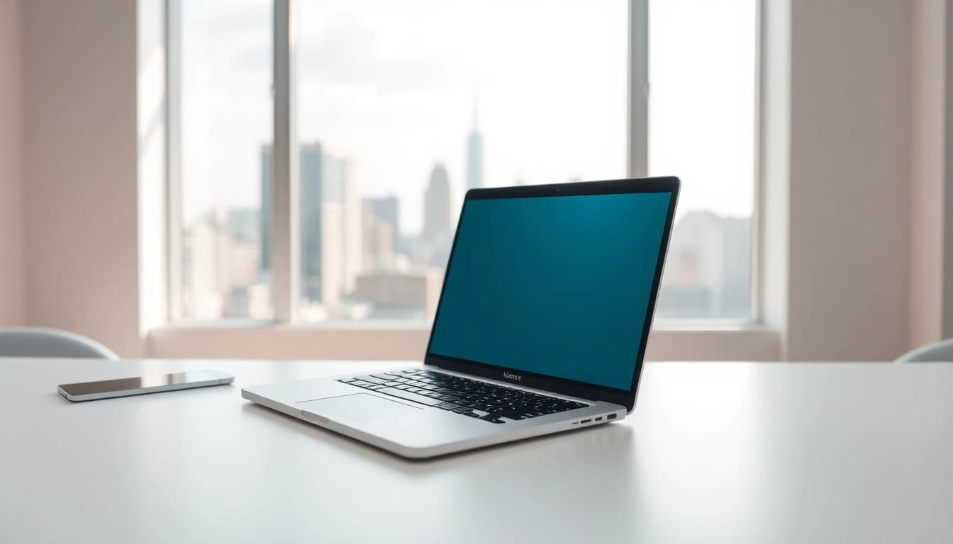 Usa el MacBook Air M3 sobre un escritorio minimalista con una vista urbana de fondo.