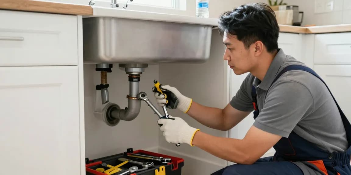 Drain cleaning San Diego by an expert plumber fixing a kitchen sink, showcasing professional tools and a bright environment.