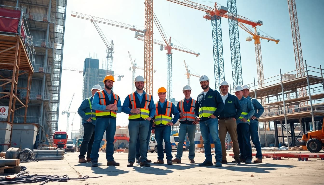 New Jersey Commercial General Contractor overseeing construction site with active workers and machinery.