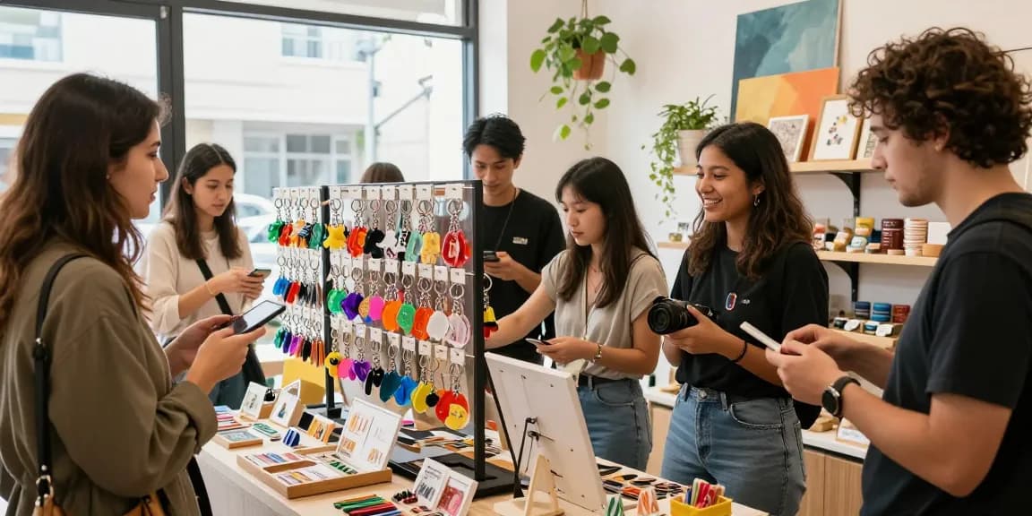 Excited shoppers discovering personalized keychains at a pop-up shop