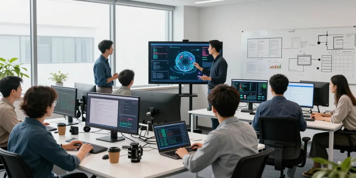 Collaboration scene in a tech innovation center featuring IVQ Schweiz with engineers and developers at work.