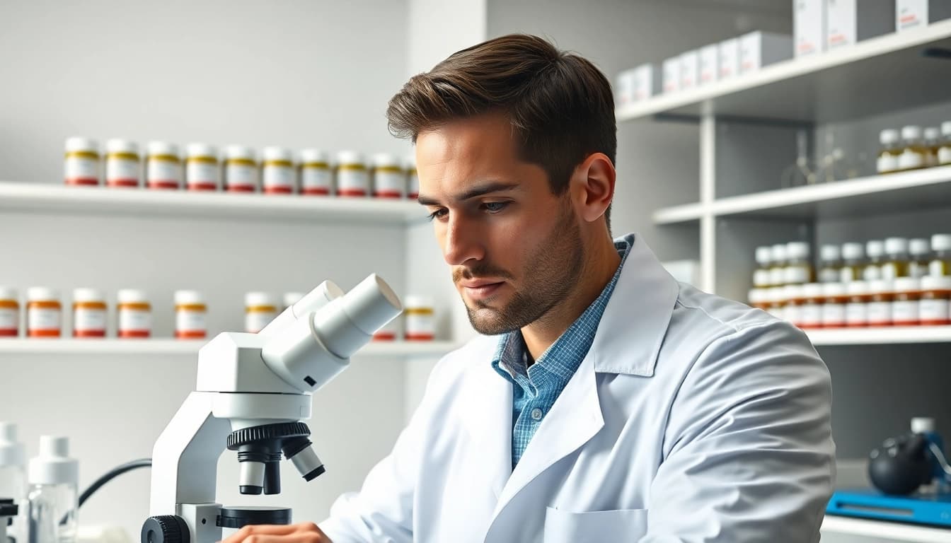Hydro Research scientist analyzing peptides in a modern laboratory.