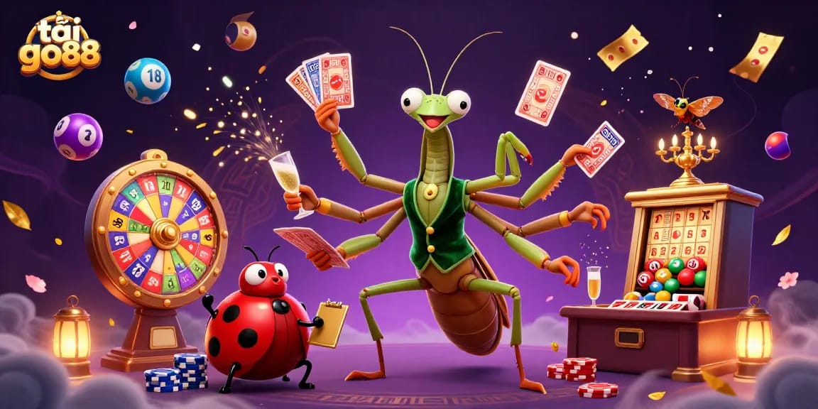 Engage with tải go88 as vibrant lottery characters fill the scene, showcasing excitement in a casino environment.
