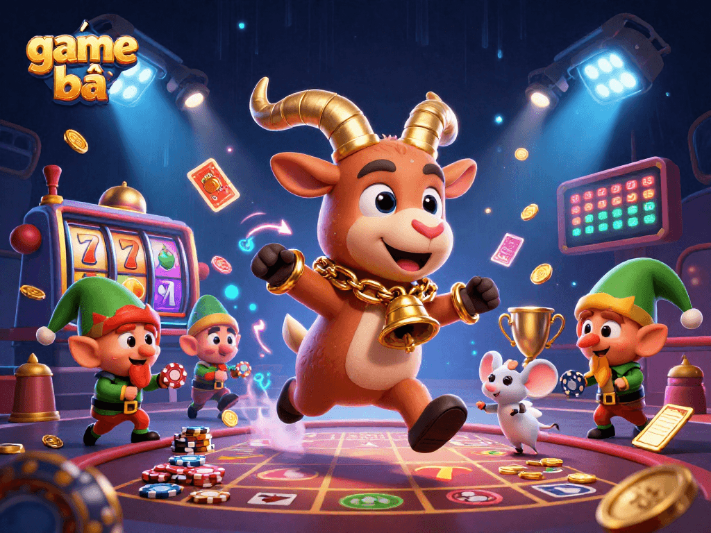 Experience game bài excitement in this dynamic 3D illustration of a festive casino scene.