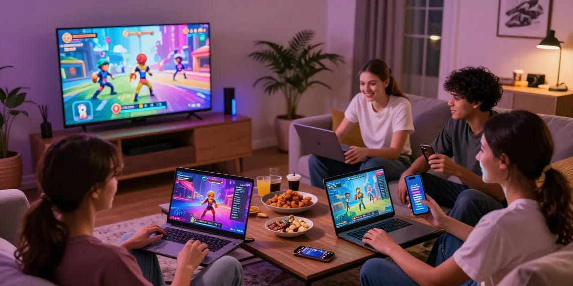 Play friends engaging in porn games online across devices in a lively gaming atmosphere