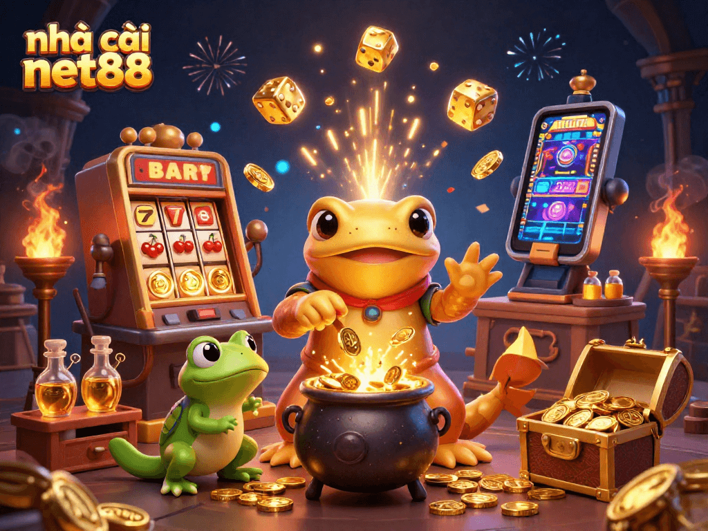 Engage with nhà cái net88 in this vibrant 3D casino illustration of a magical alchemist scene.