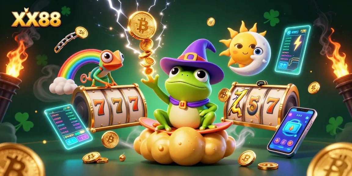 Experience the excitement of XX88 gambling with a wizard frog and chameleon in a vibrant casino scene.