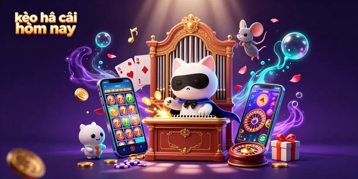Engage with kèo nhà cái hôm nay as a cartoon cat at a casino organ, surrounded by vibrant slot elements.