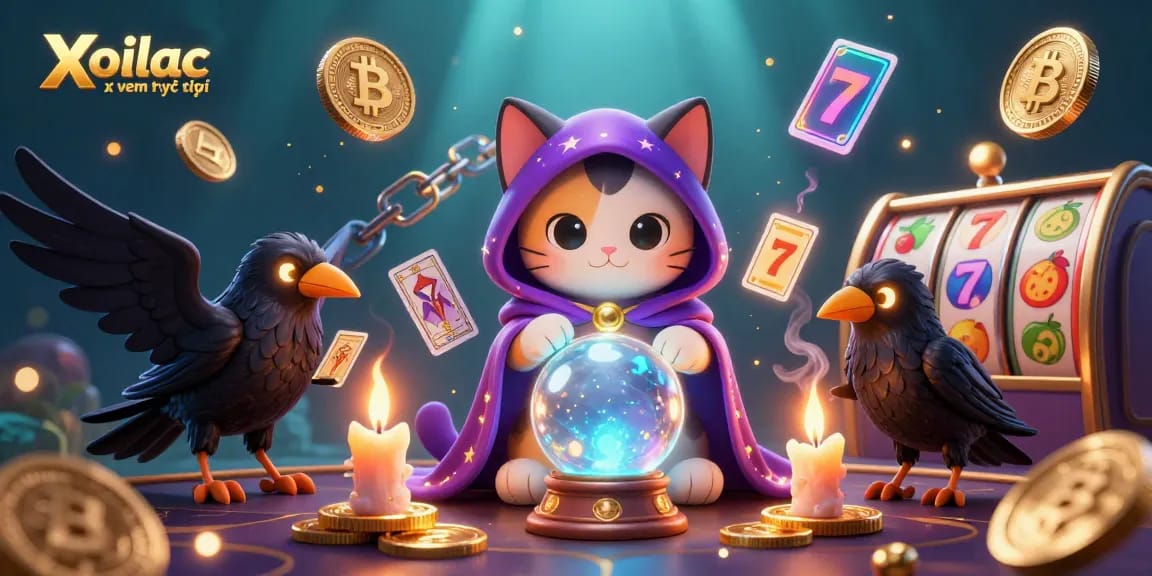 Xoilac xem trực tiếp offers vibrant live gaming with animated mystical characters and crypto elements.