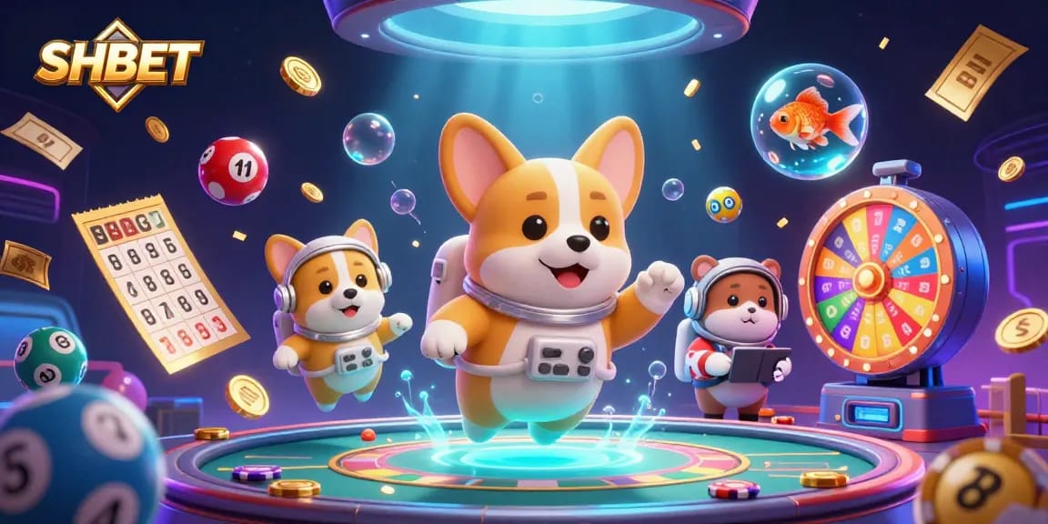 Engage with SHBET's dynamic space casino, featuring an astronaut corgi and whimsical gaming elements.