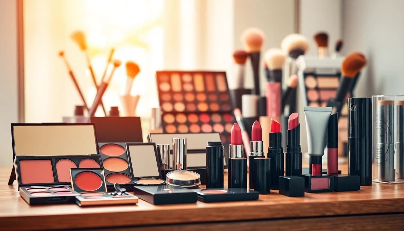Showcase of makeup wholesale products on a stylish vanity with vibrant colors.