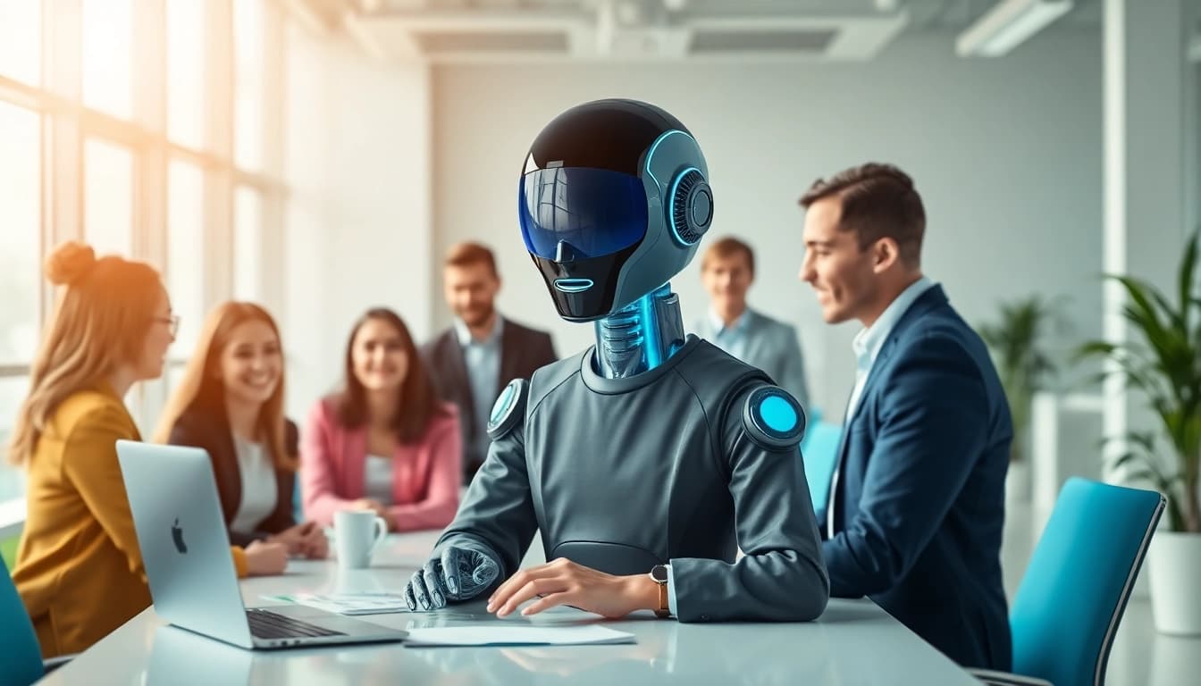 Engaging AI Employee in a collaborative office, showcasing teamwork and innovation.