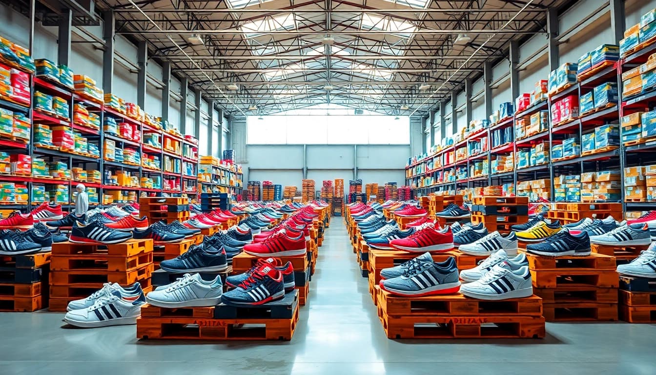 Shopper examining Best Adidas Shoe Pallets (100 Pairs) in a vibrant warehouse setup.