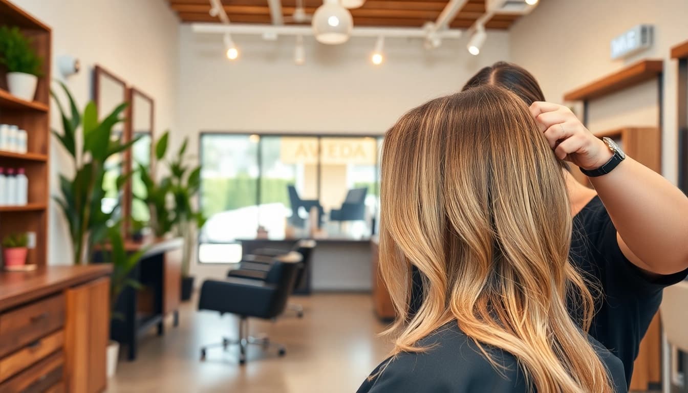 Hair salon San Diego showcasing stylish haircut with sun-kissed highlights in a modern, inviting setting.