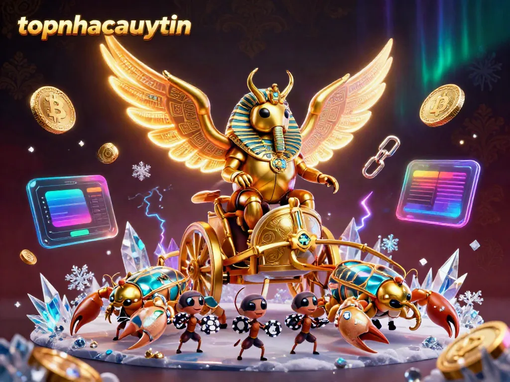Experience thrilling wins with topnhacaiuytin in a vibrant 3D casino adventure featuring golden scarabs and crypto coins.