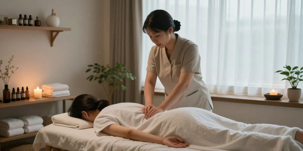 Experience a professional 광진구출장마사지 in a serene therapy room with calming elements and greenery.