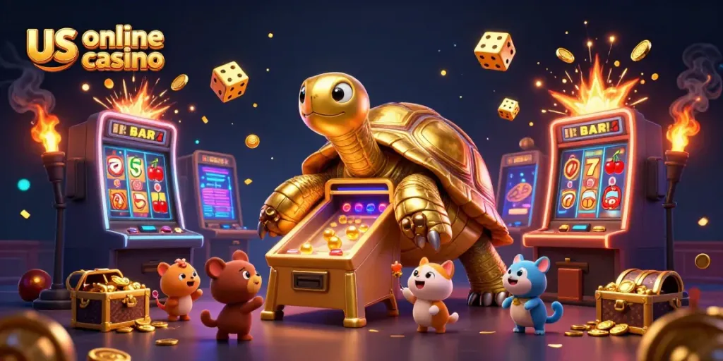 Play at the thrilling us online casino with animated golden tortoise pinball and vibrant slot machine action.