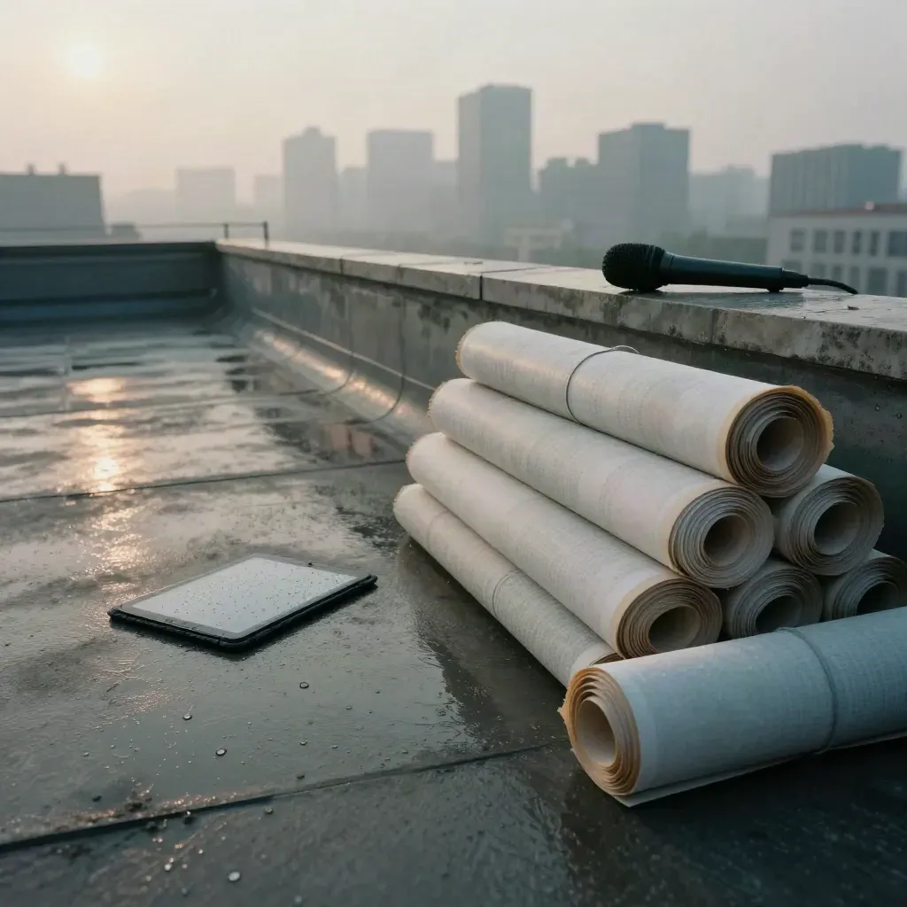 Wet rooftop editorial tableau with print bundles, microphone, tablet, and dawn skyline.