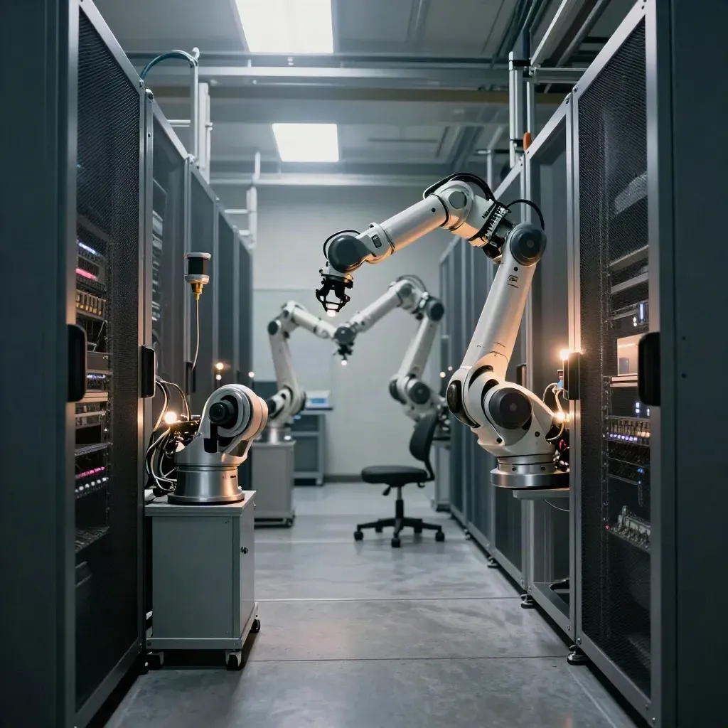 Robotic arm mid-sweep in an empty automation lab with glowing racks and a pushed-back chair