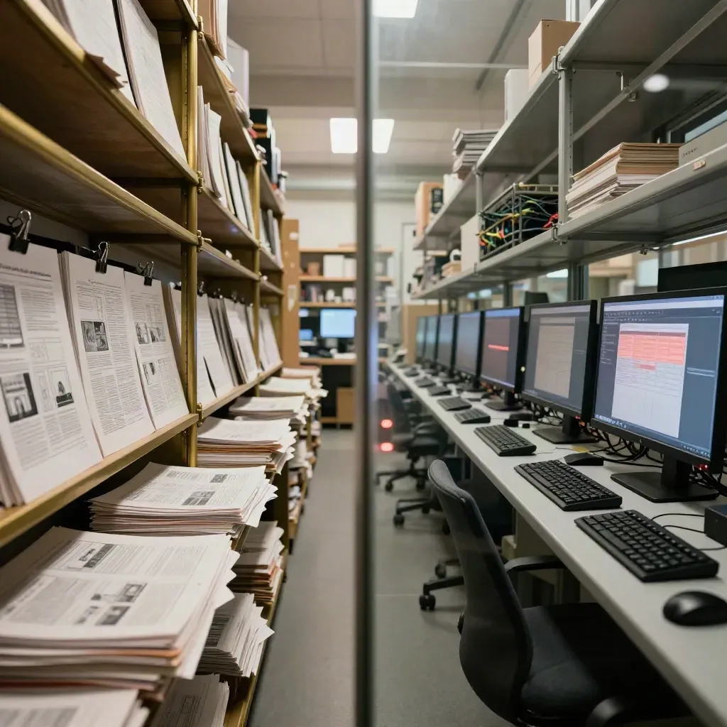 Split newsroom corridor with proofs on one side and glowing monitors on the other