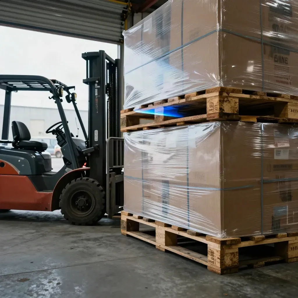 Warehouse bay door rising beside shrink-wrapped pallets, forklift and crates in cold haze.