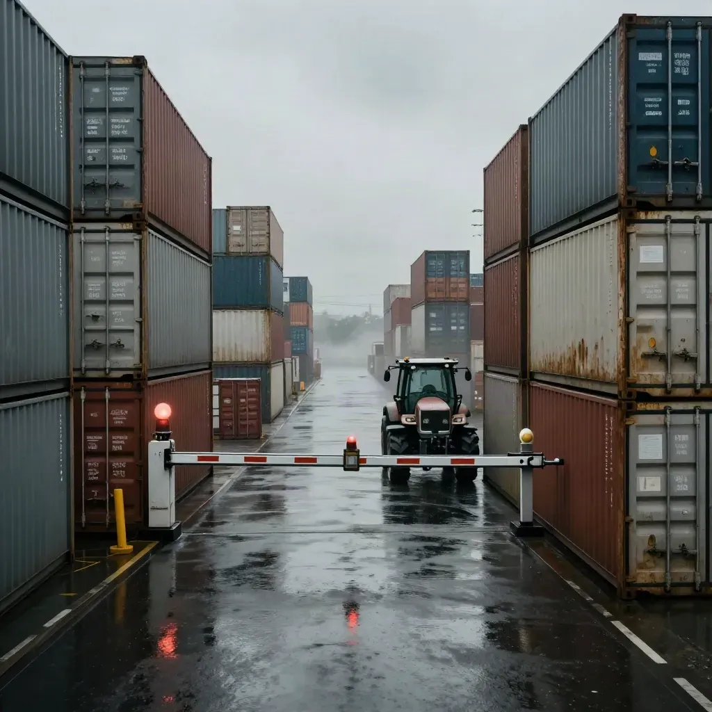 Rain-soaked container yard with stacked shipping crates, customs gate, and a parked yard tractor in mist.