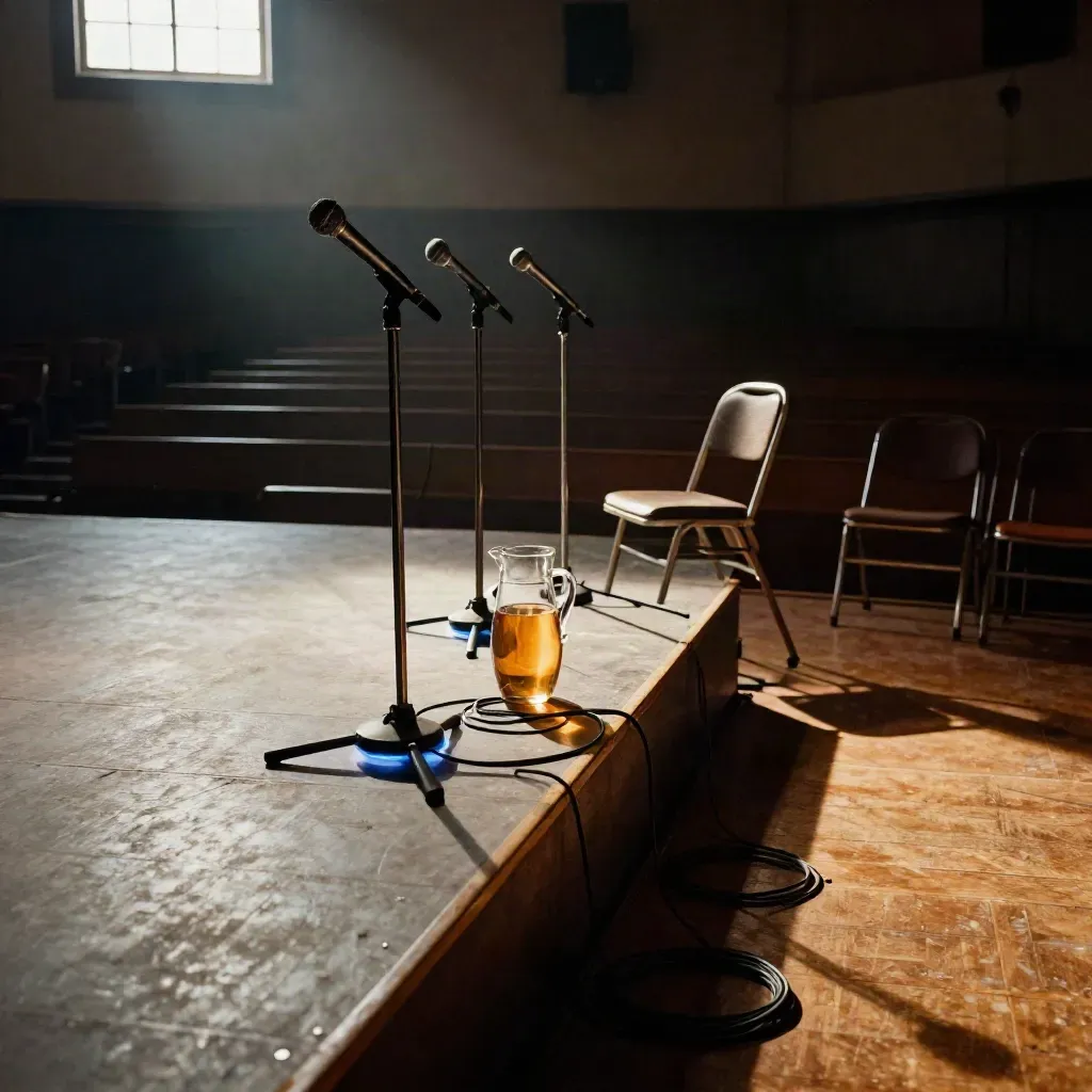 Empty union hall stage with three microphones, folded chairs, a water pitcher and coiled cables in warm haze.
