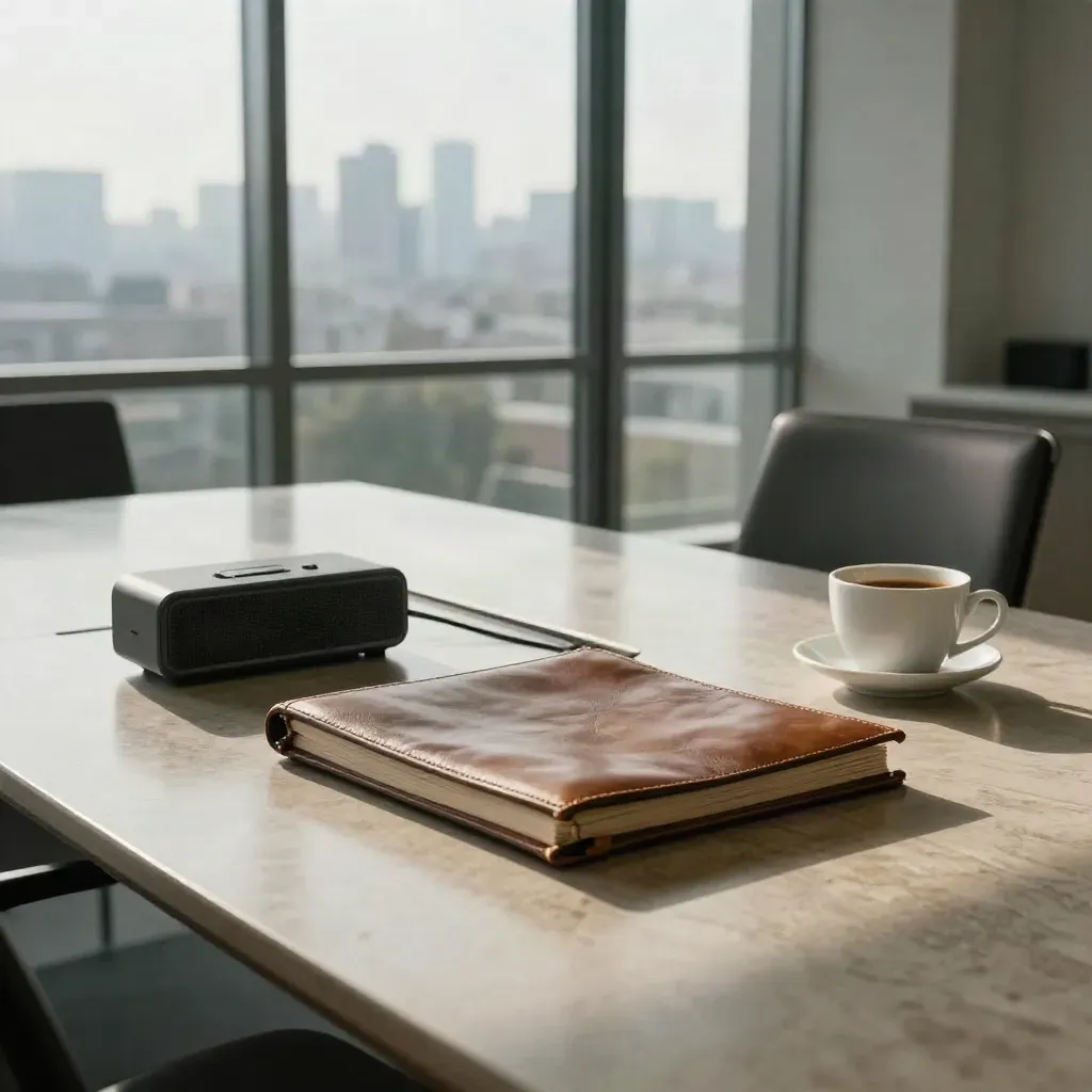 Glass conference room with speakerphone, leather folio, coffee cup, and skyline after a call.