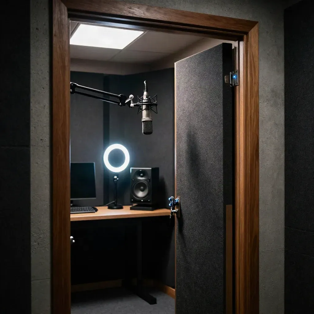 Podcast booth with mic, acoustic panels, monitor speaker, and glowing practical lights