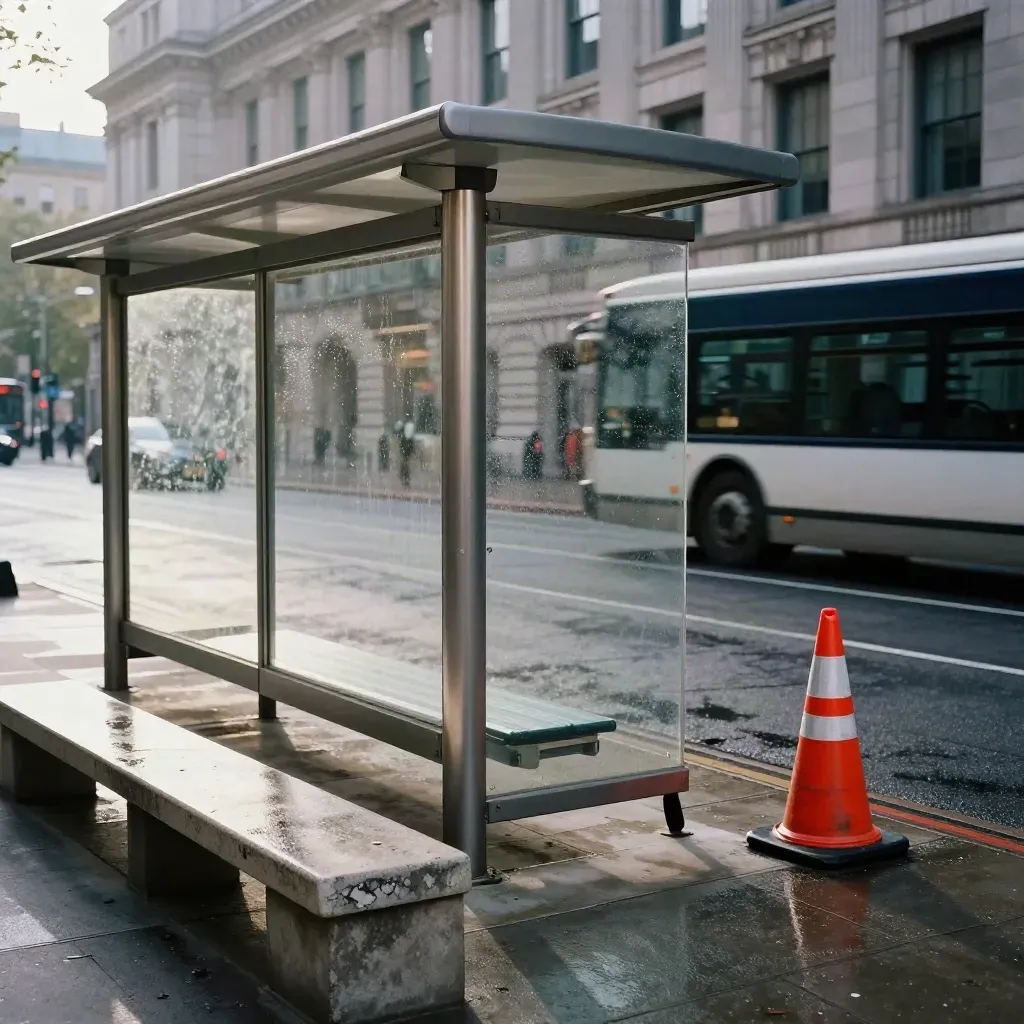 Low-angle bus stop by city hall with a bus arriving through rain haze.