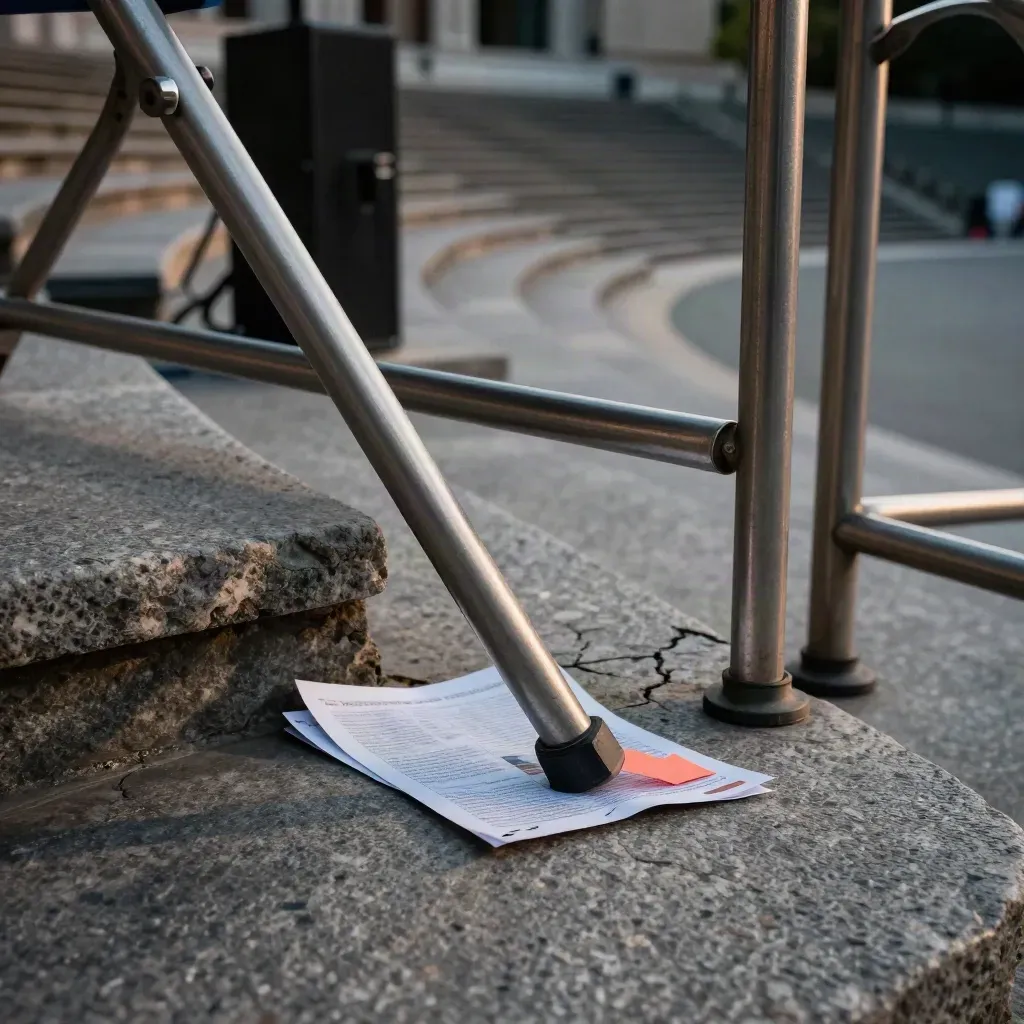 High-angle macro of amphitheater barricades, folded chairs and flyers under cool evening light.