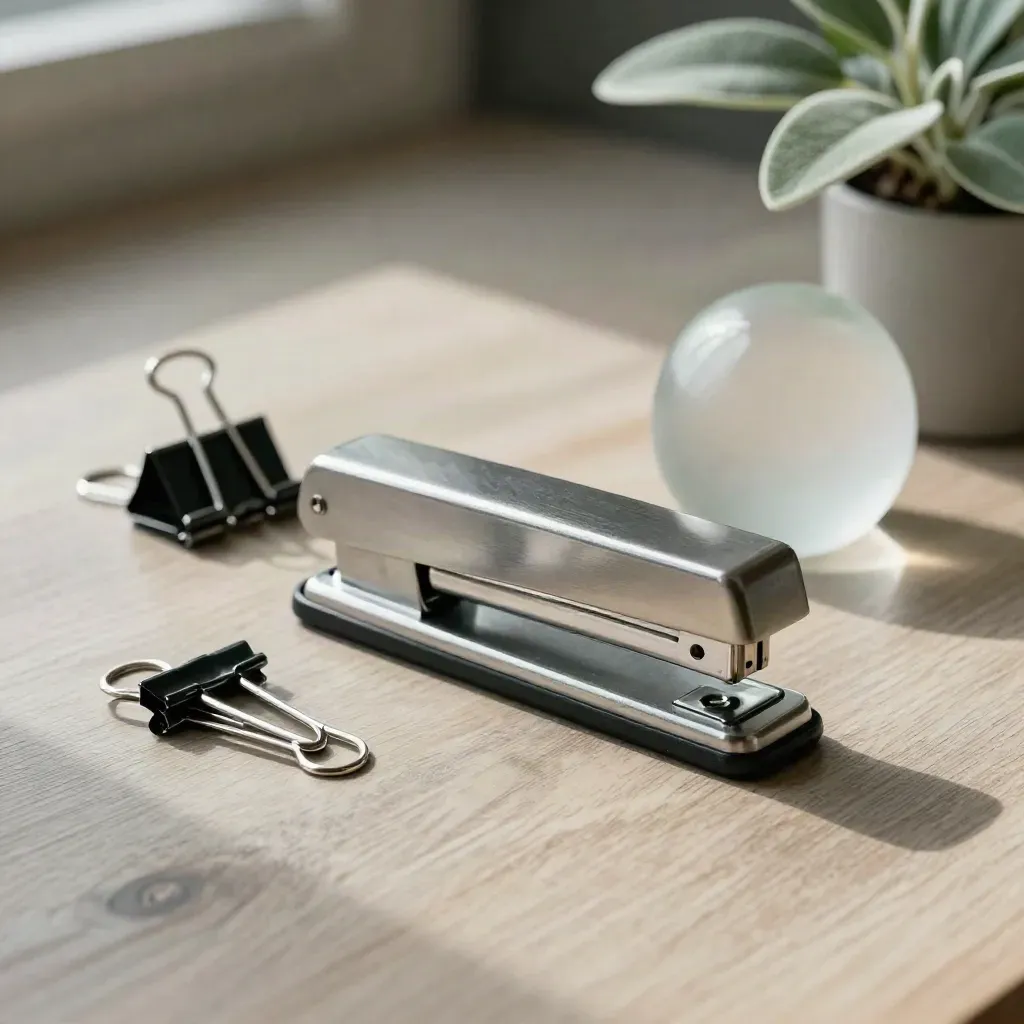 Metal stapler with clips, paperweight, and plant on warm gray wood.