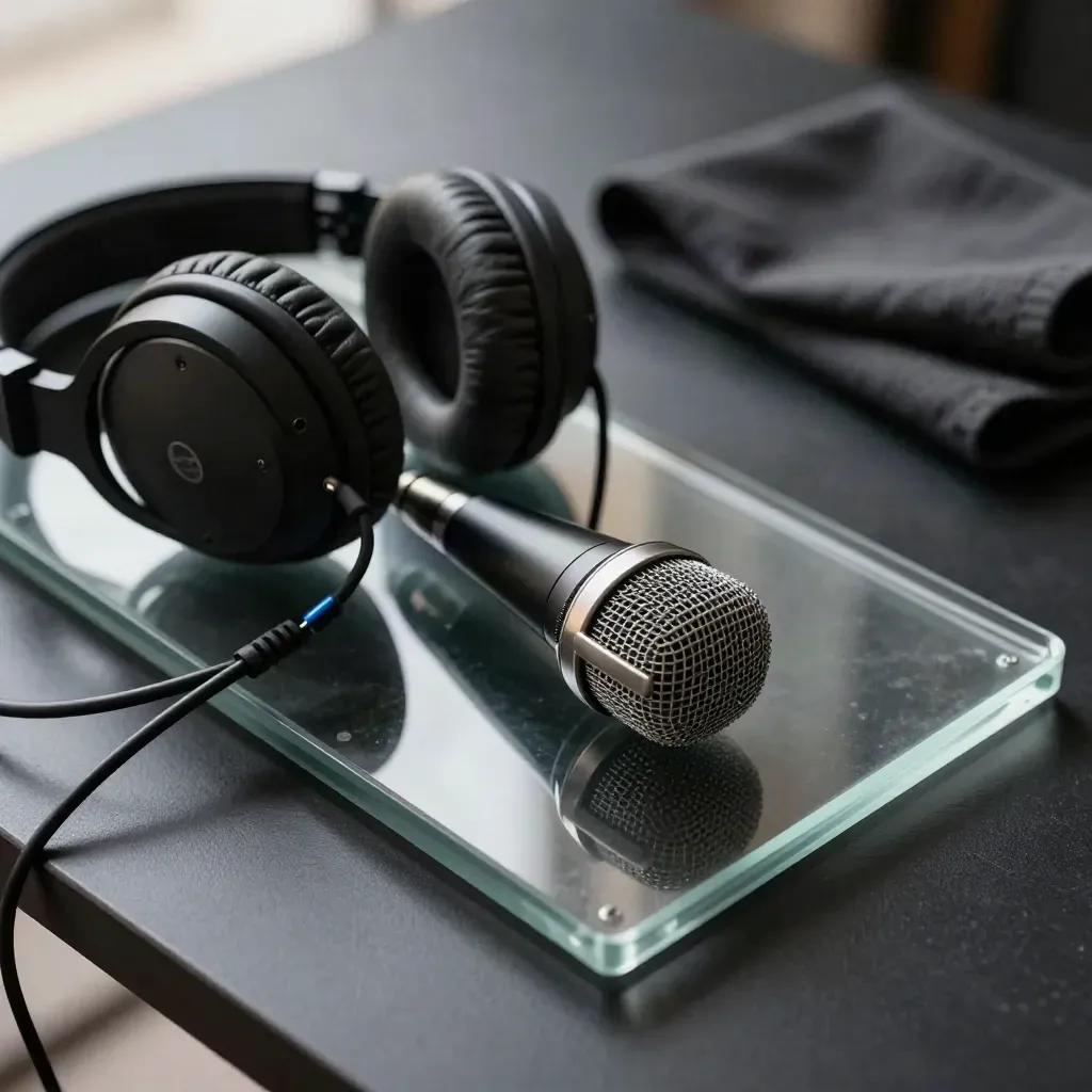 Microphone capsule, headphones, cable, and smoked-glass tray on a black table