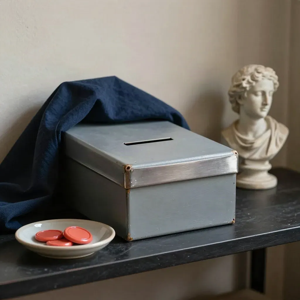 Ballot box lid, navy cloth, wax seals, and stone bust on a dark shelf.