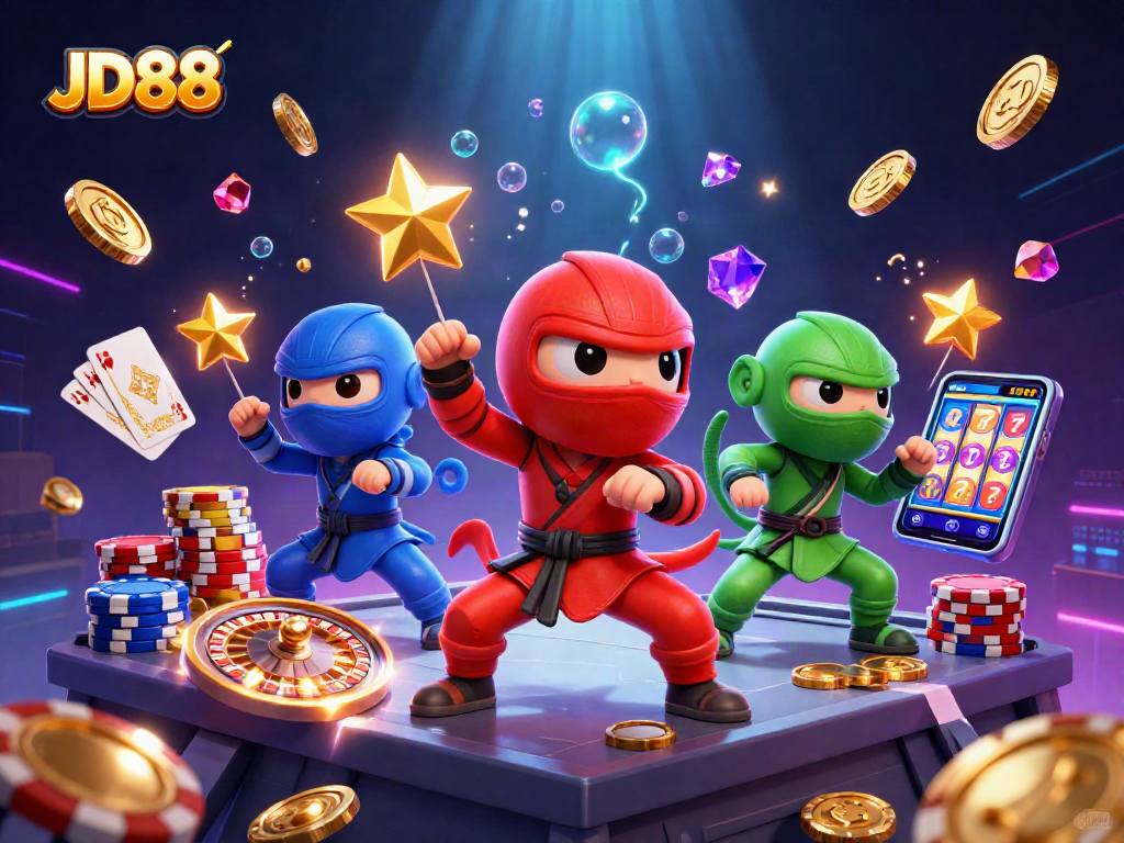 JD88 showcases a vibrant casino scene featuring ninja chameleons amidst golden coins and gems.