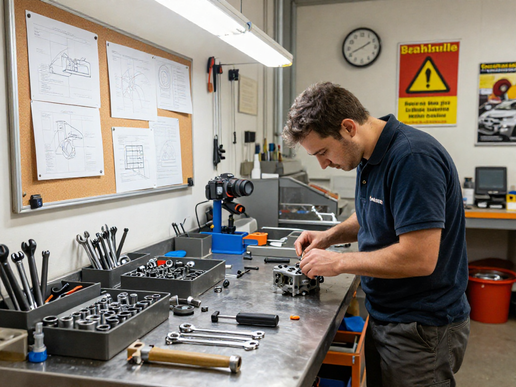 Technician using Stahlwille tools for precision automotive assembly in a bright workshop.