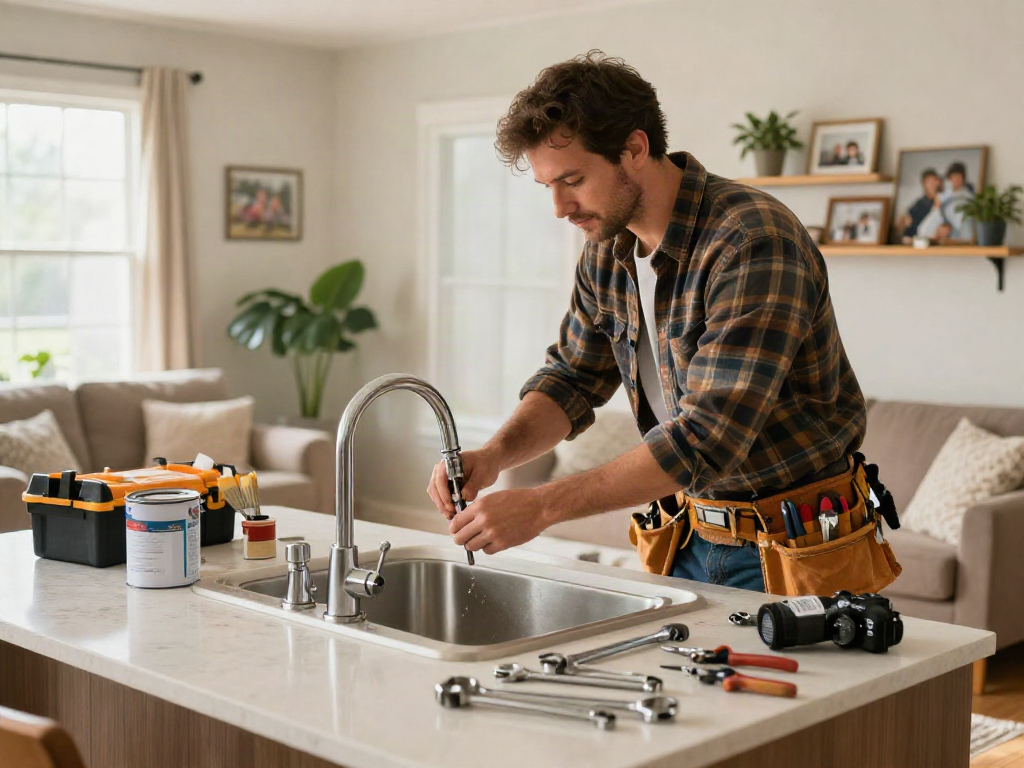 Home repair services Des Moines Iowa - handyman fixing a leaky faucet in a cozy living room filled with tools and warm light.