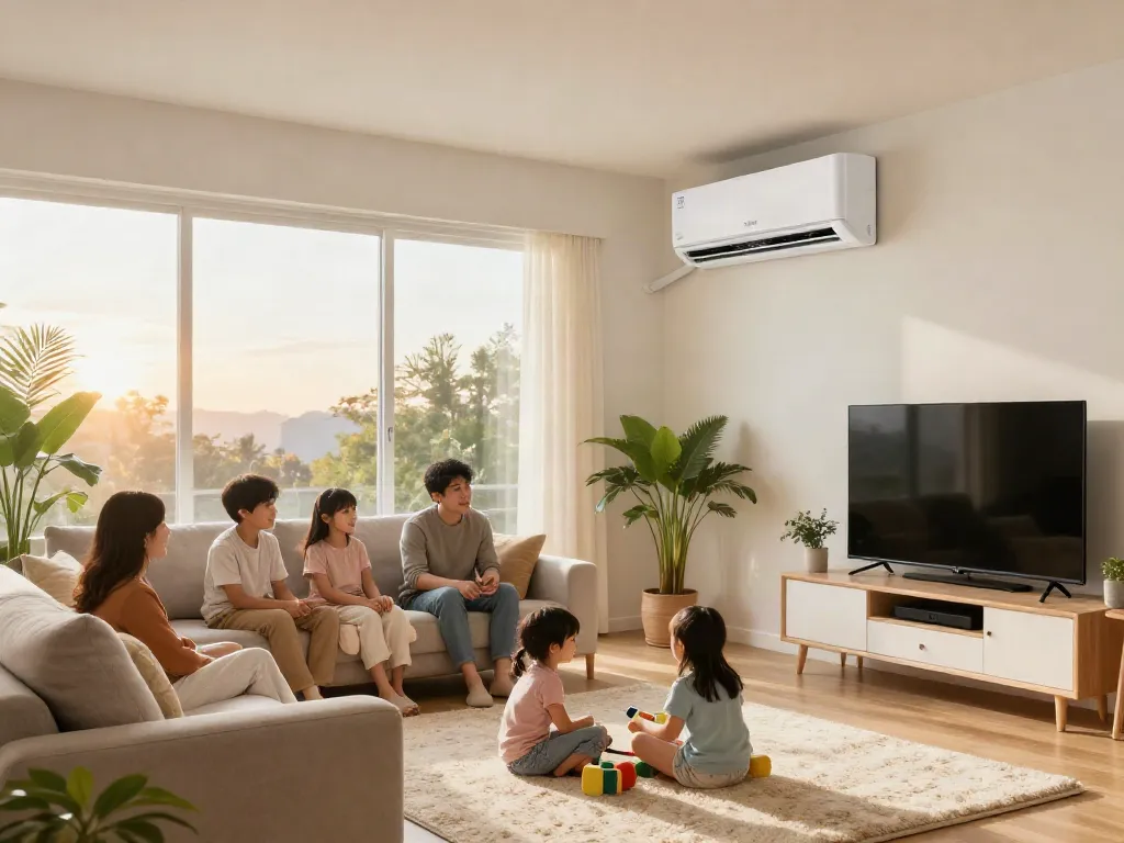 Family enjoying comfort with the 18000 btu mini split cooling their stylish living room.