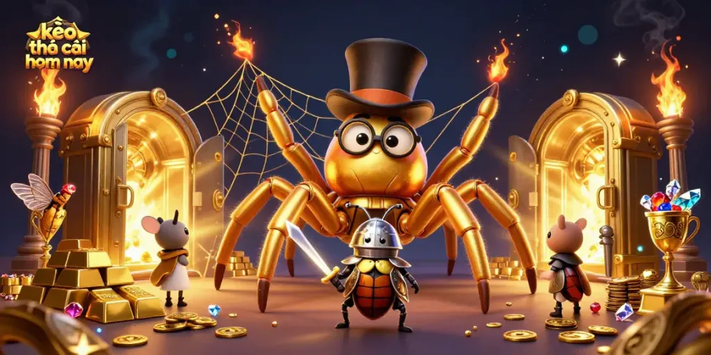 Engage with kèo nhà cái hôm nay featuring a majestic tarantula and brave beetle knight in a lavish casino scene.
