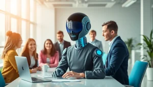Engaging AI Employee in a collaborative office, showcasing teamwork and innovation.
