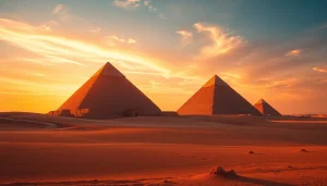 View the incredible Pyramids of Giza from https://piraminds.com/ under a dazzling sunset, highlighting their ancient majesty.