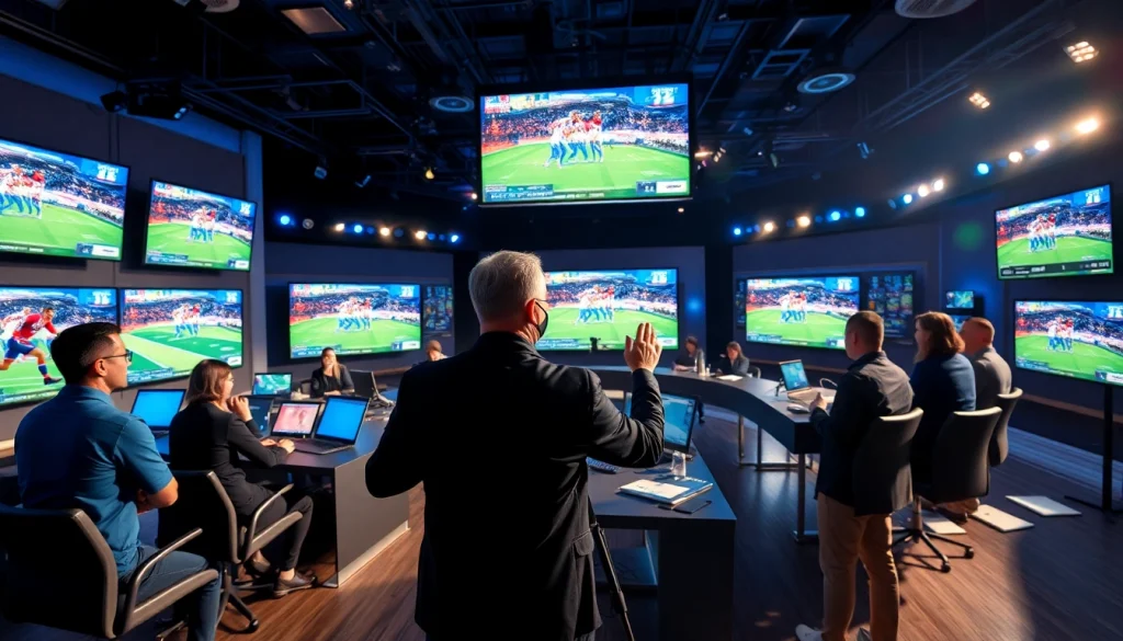 Sports Broadcasting team captivates the audience in a high-tech studio with digital graphics.