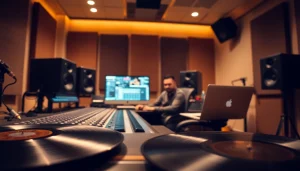 Engineers engaged in online mastering, highlighting a modern audio studio environment.