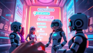 Engaging chat with AI characters showcasing crush on ai technology and vibrant digital interface.