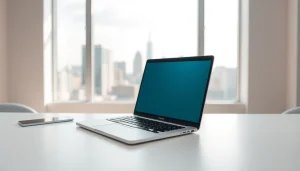 Usa el MacBook Air M3 sobre un escritorio minimalista con una vista urbana de fondo.