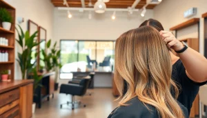 Hair salon San Diego showcasing stylish haircut with sun-kissed highlights in a modern, inviting setting.